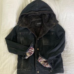 Citizens of Humanity, Black Sherpa Lined Denim Jacket, Removable Hood. Small.